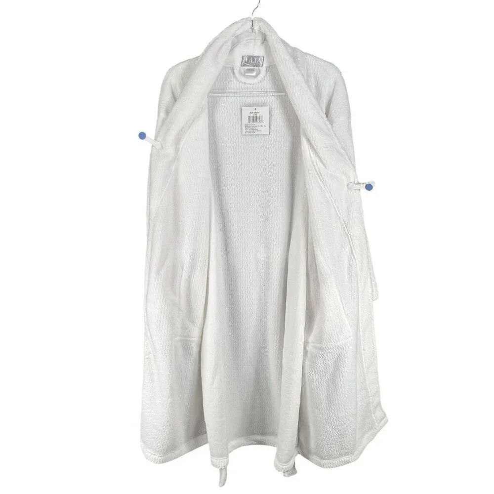 Ulta Beauty NWT Womens S/M White Textured Plush Spa Robe Belted Pockets